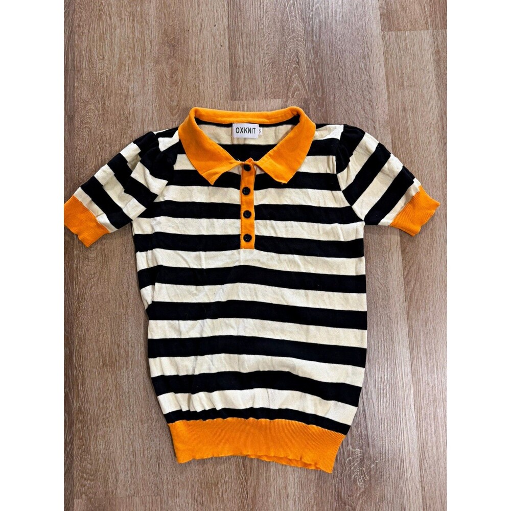 OXKNIT Womens Short Sleeve Striped Polo Shirt Size S Black/Cream/Orange Cotton